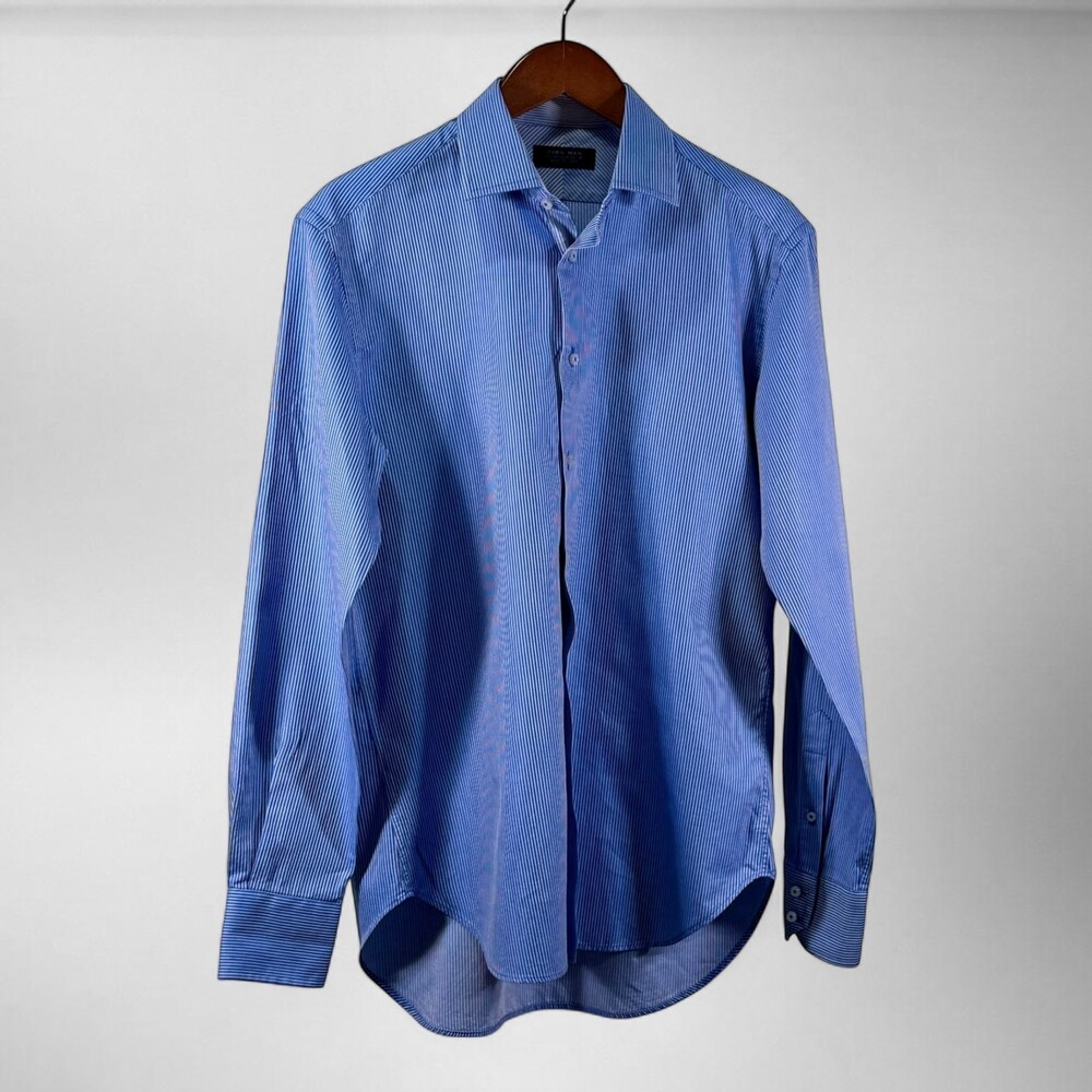 Zara Man Blue Striped Button Down Shirt Mens Medium Slim Fit Cotton